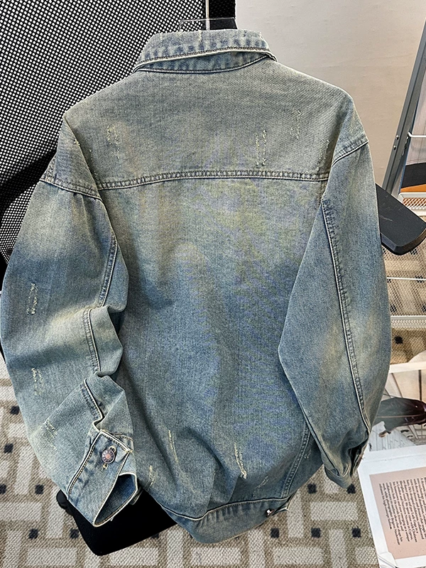 Áo khoác denim đã qua xử lý, hiệu ứng râu ria, dành cho nam, thiết kế thời trang xuân thu, kiểu dáng rộng rãi, phong cách retro Mỹ, áo khoác kiểu workwear.