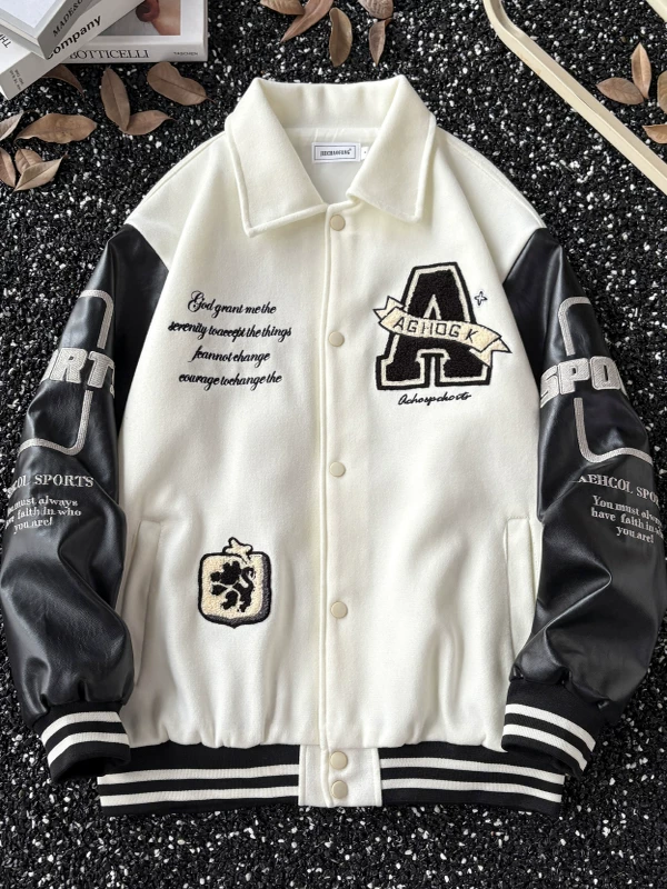 Áo khoác bóng chày thêu khăn cho nam và nữ, mùa xuân thu, áo khoác cổ bẻ cho cặp đôi, áo phối màu phong cách Mỹ thời thượng.