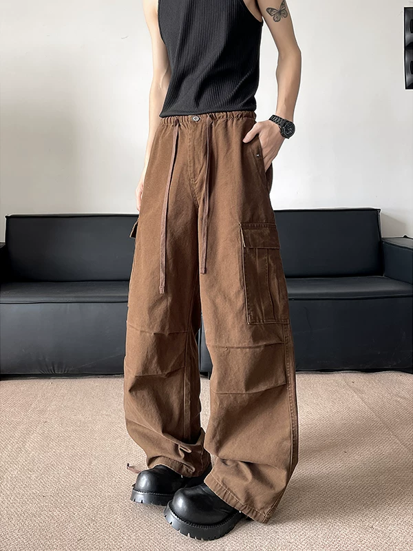 Quần jean workwear kiểu Mỹ cổ điển dành cho nam, quần dù ống rộng thoải mái mùa hè, quần casual xếp ly đa năng thời thượng.