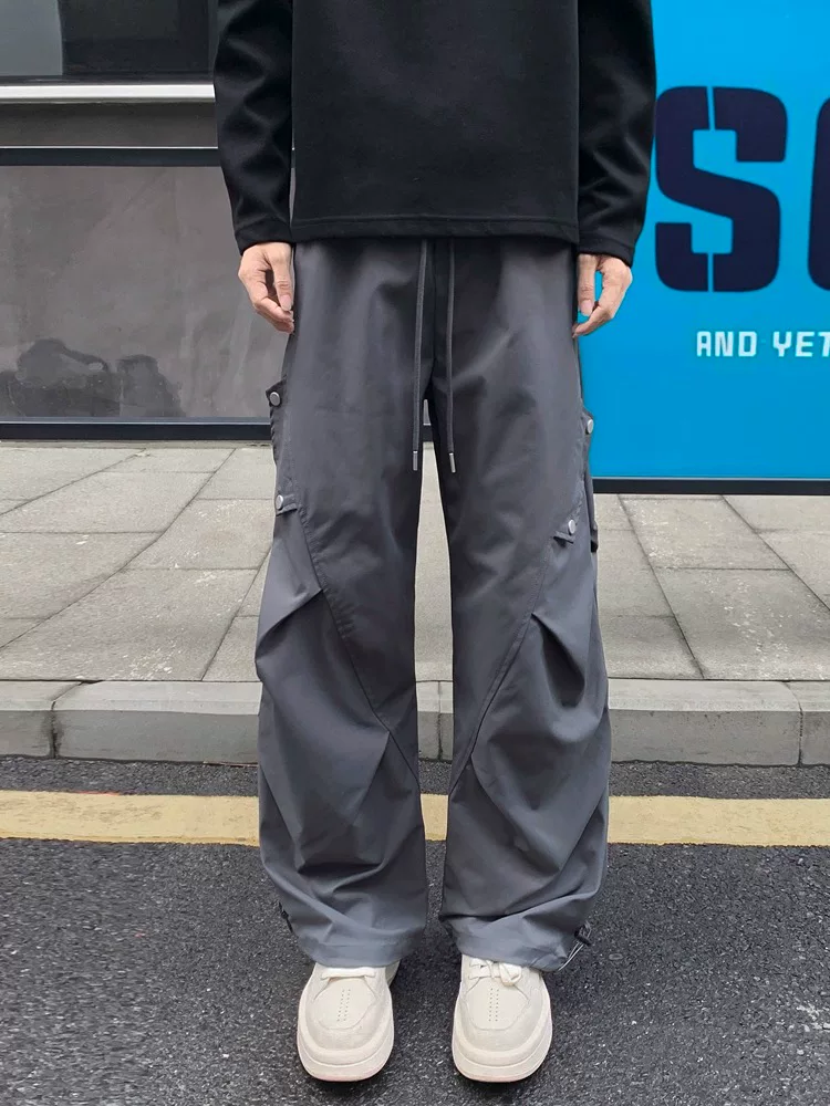 Quần cargo dù thể thao kiểu Mỹ dành cho nam, quần ống đứng xếp ly thời trang xuân thu, quần jogger ống rộng cá tính.