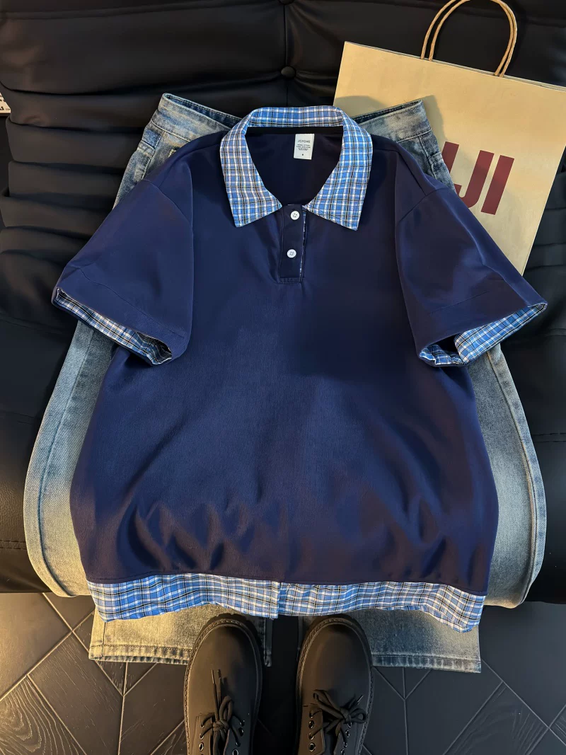 Áo Polo giả hai mảnh kiểu Mỹ dành cho nam, áo thun nửa tay kẻ sọc mùa hè, áo thun cặp đôi dáng rộng hợp thời trang.