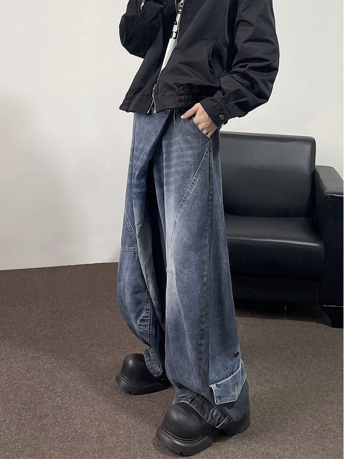 Quần jeans ống rộng nam chất liệu dày dặn, thiết kế hip-hop Mỹ mùa xuân, quần loe thời trang thương hiệu nổi tiếng.