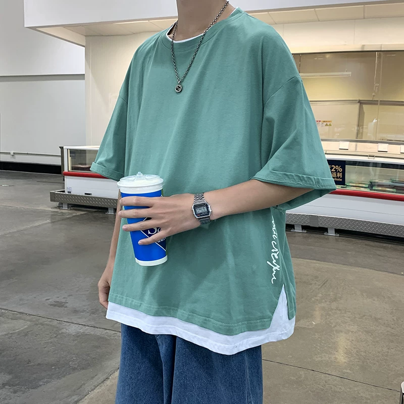 Áo thun giả hai mảnh tay ngắn cho nam, phong cách Hồng Kông, áo cổ tròn dáng rộng mùa hè, thời trang Hàn Quốc, áo thun năm điểm đa năng hợp thời trang.