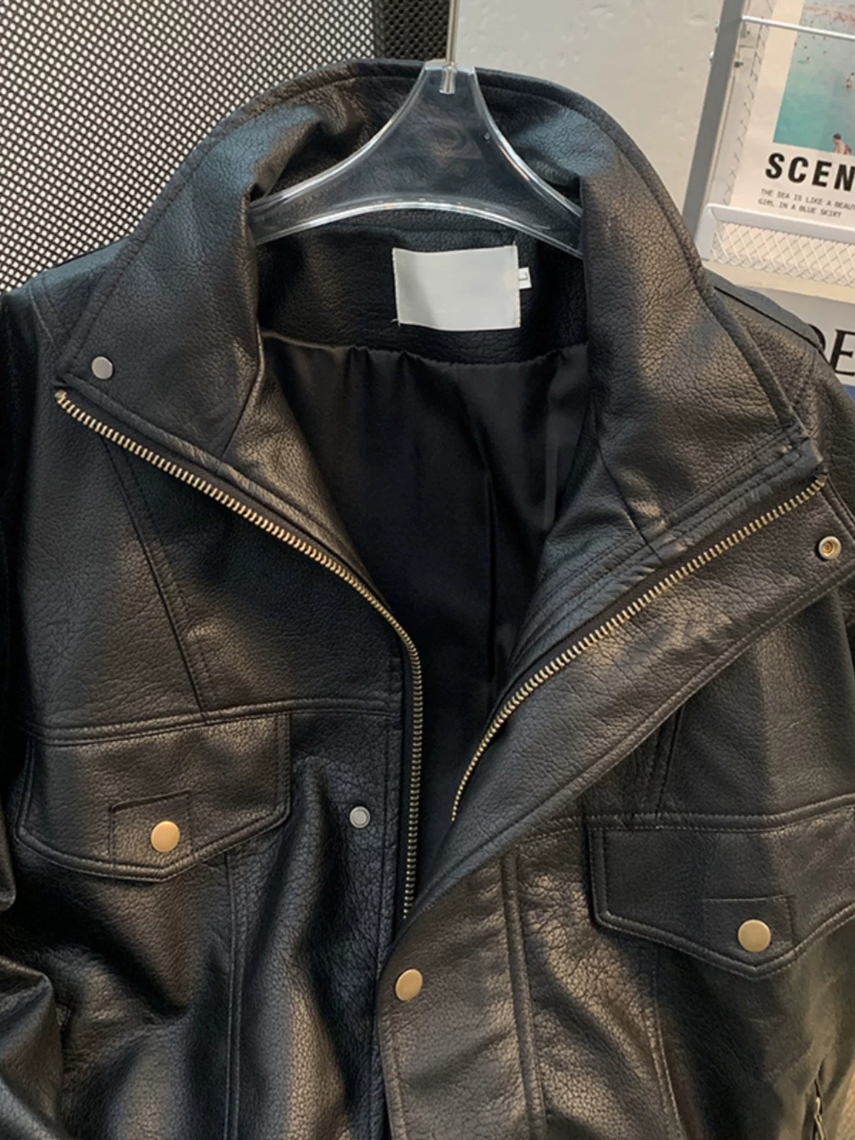 Áo khoác da cổ điển dành cho nam, mùa xuân thu, áo khoác da PU cổ đứng cao cấp, áo khoác biker dáng rộng thời thượng.