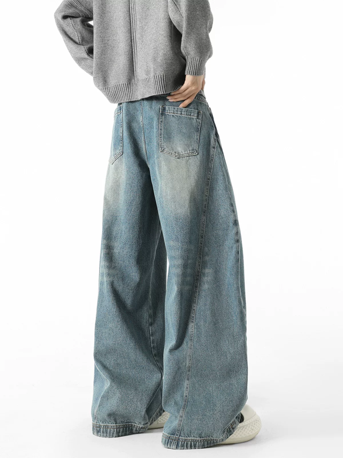 Quần jeans nam phong cách Mỹ hip-hop, quần dài ống rộng dáng suông, chất liệu vintage, xu hướng thu đông.