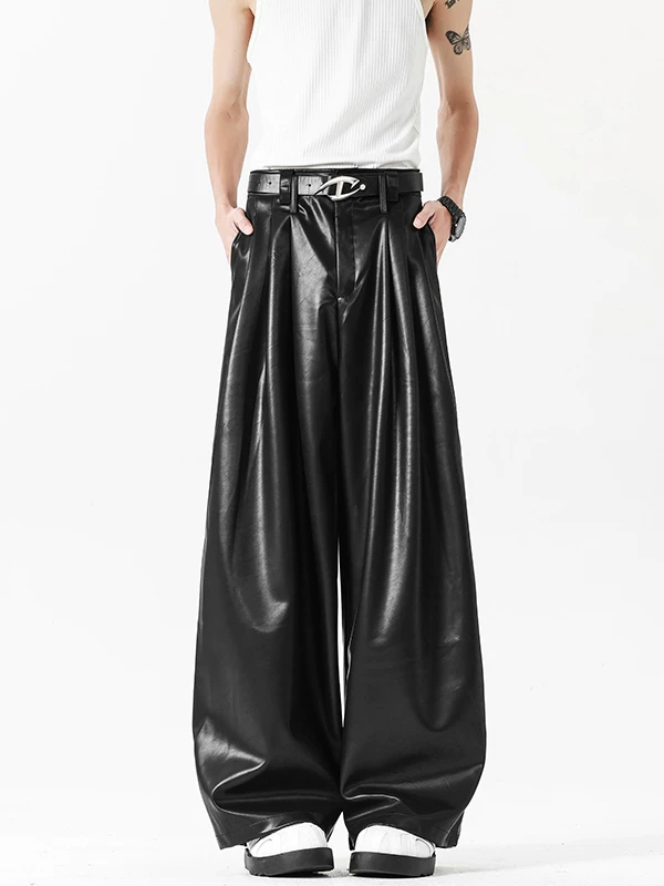 Quần ống rộng bằng da PU cao cấp dành cho nam và nữ, quần da ống rộng dáng suông phong cách Mỹ mùa hè, mát mẻ và sành điệu, có độ rủ đẹp, quần dài chạm sàn kiểu dáng giản dị.