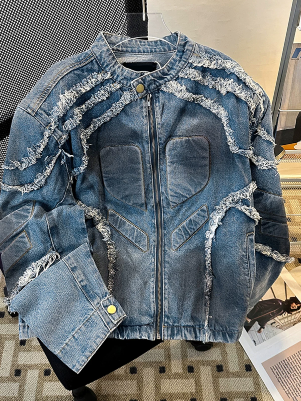 Áo khoác denim nam có đệm vai viền tua rua, phong cách Mỹ cổ điển mùa xuân thu, áo khoác biker thời thượng, thương hiệu nổi tiếng.
