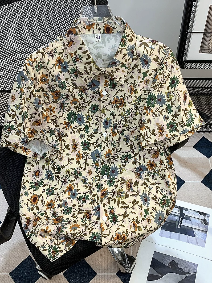 Áo sơ mi ngắn tay in họa tiết hoa cúc cho nam, áo sơ mi nửa tay dáng rộng phong cách vintage mùa hè, áo khoác đi biển Hawaii hợp thời trang