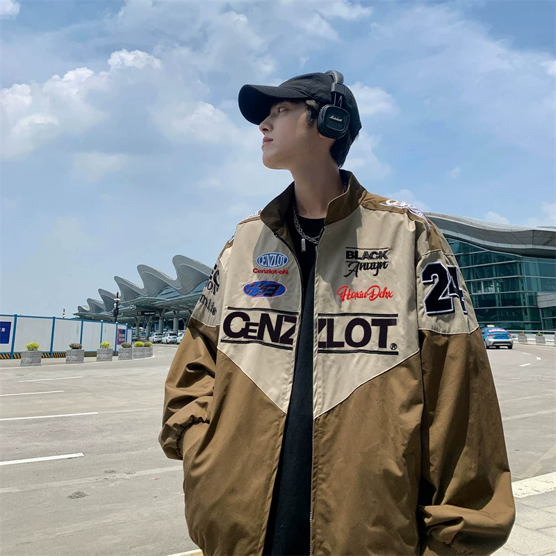 Áo khoác bóng chày màu cà phê cổ điển dành cho nam, áo khoác biker thêu chắp vá phong cách Mỹ mùa xuân thu, thương hiệu thời thượng, áo khoác cặp đôi dáng rộng.
