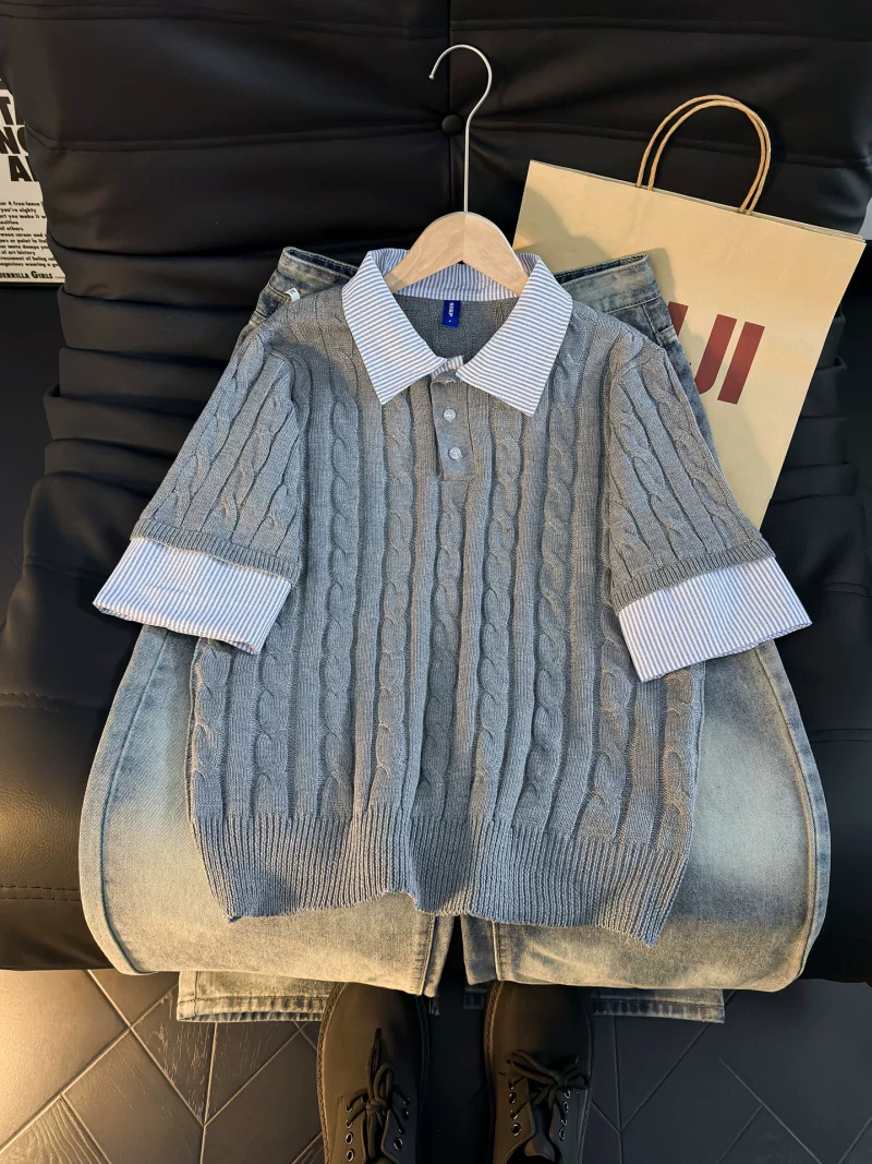 Áo Polo dệt kim giả hai mảnh tay ngắn dành cho nam, áo phối màu rộng rãi hợp thời trang mùa hè, áo thun nửa tay kiểu Mỹ dệt kim.