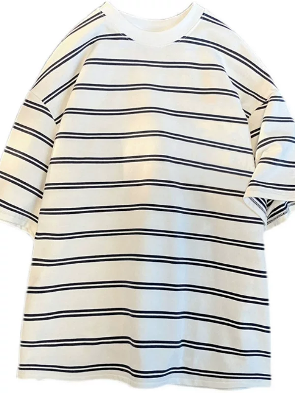 Áo thun nam tay ngắn sọc cotton nguyên chất, phong cách Nhật Bản và Hồng Kông mùa hè, dáng rộng, thương hiệu thời thượng, đa năng, áo đôi học sinh.