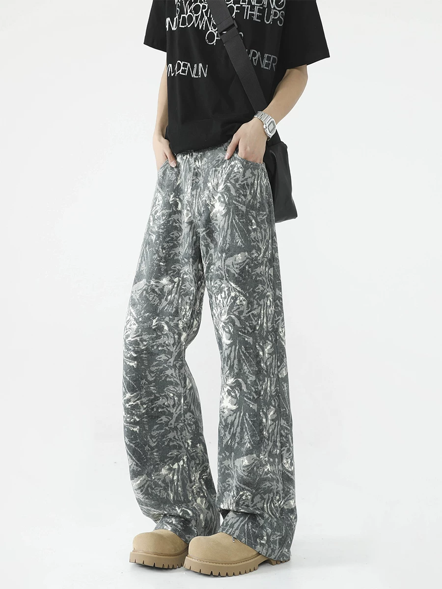 Quần jean họa tiết hoa nhuộm tie-dye dành cho nam và nữ, quần thiết kế độc đáo, quần ống đứng phong cách Mỹ thời thượng mùa xuân thu, quần loe thương hiệu thời trang.