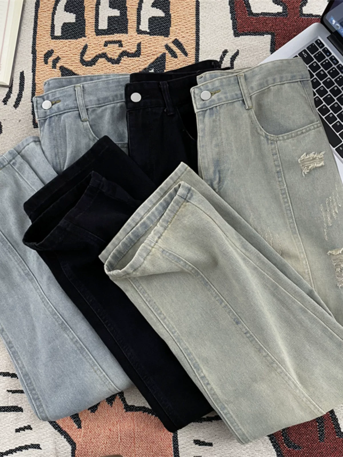 Quần jean rách ống đứng mùa xuân thu dành cho nam, phong cách đường phố Mỹ, thương hiệu cá tính và thời thượng, quần ống rộng vintage.