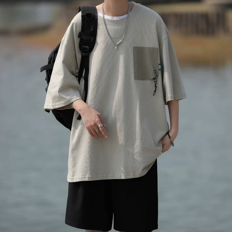 Áo thun ngắn tay chắp vá kiểu Nhật dành cho nam, phong cách mùa hè, dáng rộng đơn giản, áo kiểu giản dị hợp thời trang đa năng dành cho học sinh.