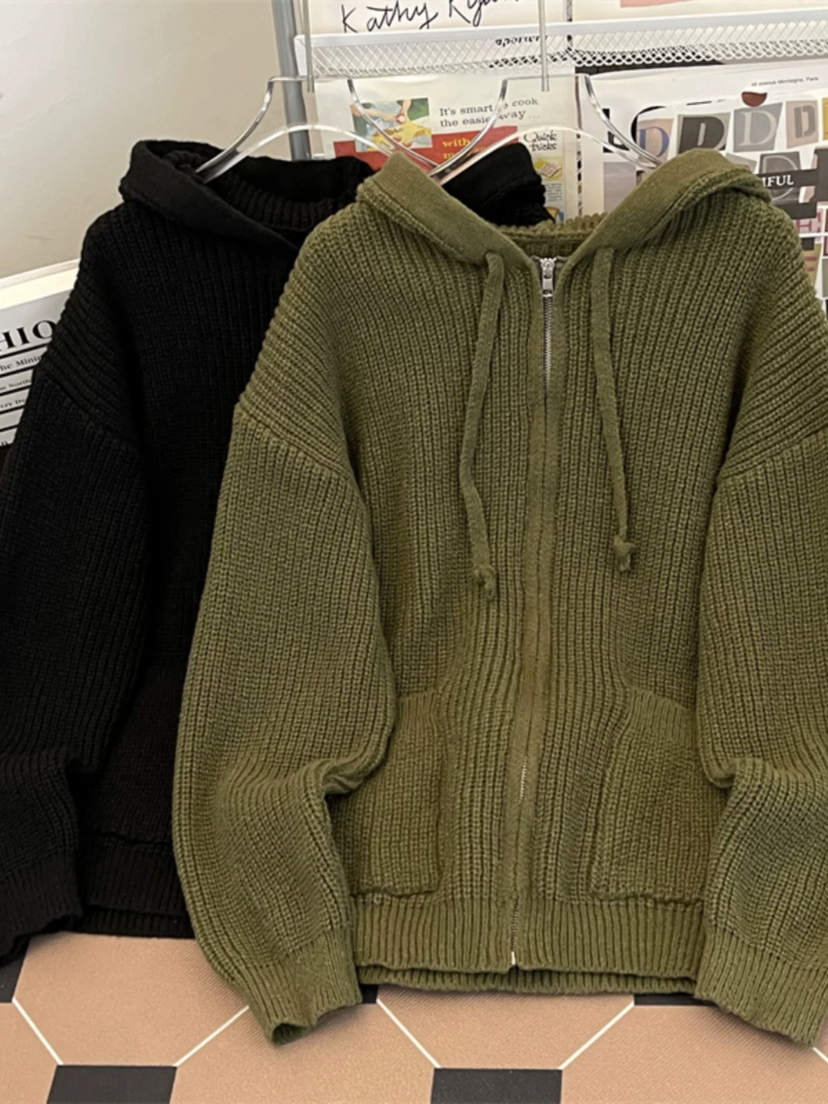 Áo khoác cardigan có mũ dành cho nam, kiểu mới thu đông 2024, phong cách Mỹ rộng rãi, thời thượng, kiểu dáng thoải mái, áo đôi.