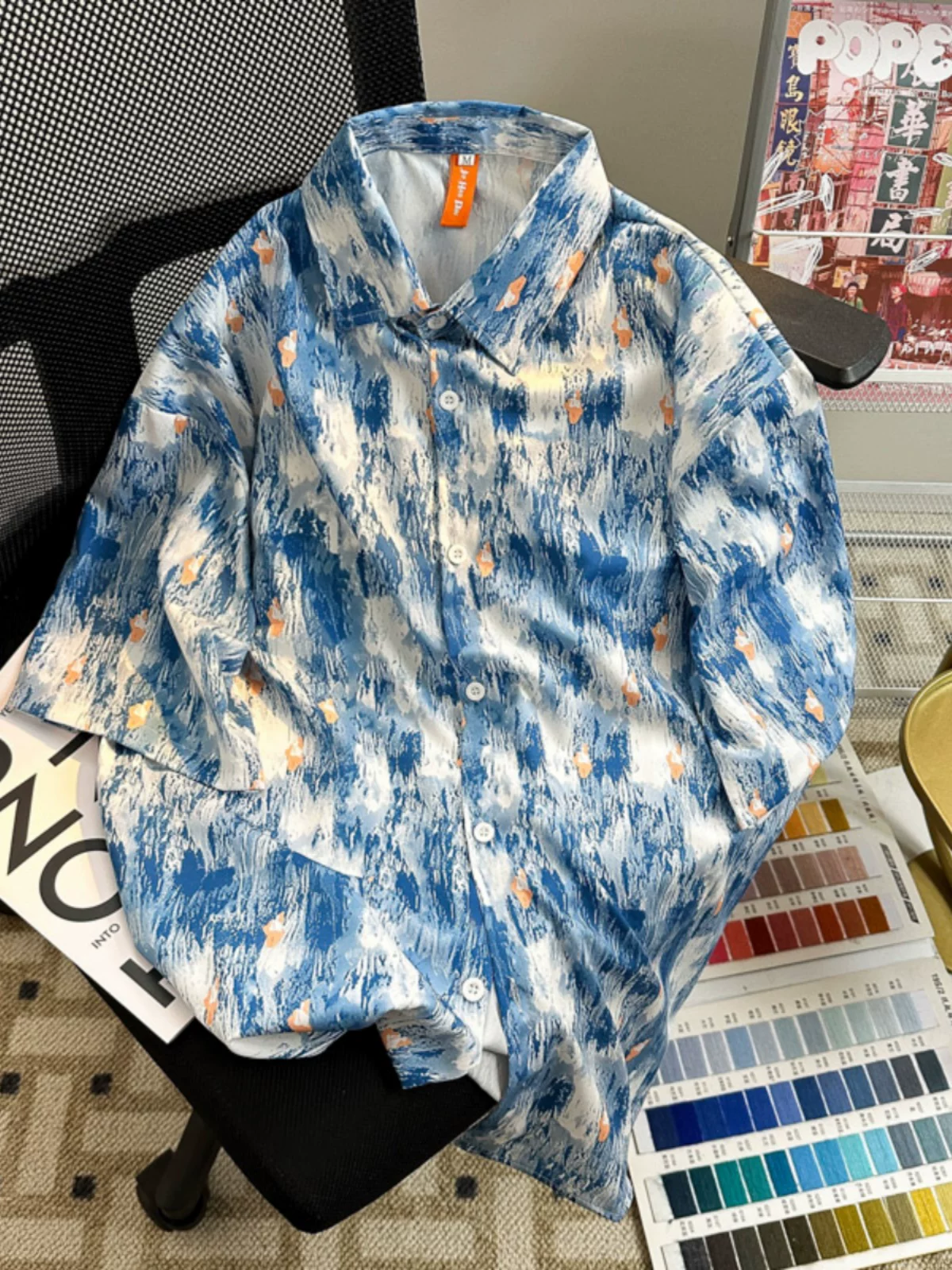 Áo sơ mi nhuộm màu mát mẻ bằng vải lụa băng dành cho nam, tay ngắn, phong cách lười biếng, áo mát mẻ và đẹp trai, áo sơ mi đi biển kiểu Mỹ rộng rãi, hợp thời trang mùa hè