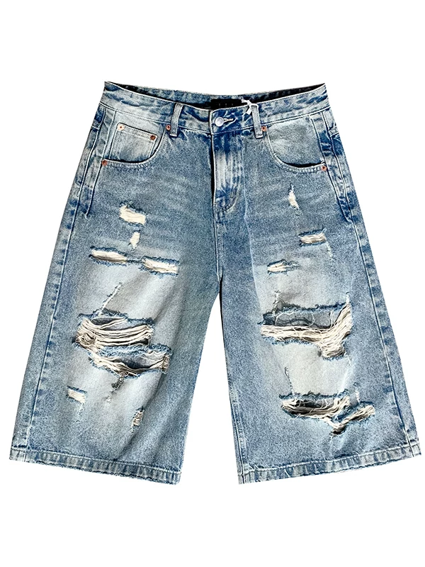 Quần short denim rách unisex thời trang, dáng rộng, ống thẳng, kiểu Mỹ, phong cách đường phố cá tính, quần ống rộng dài ngang gối