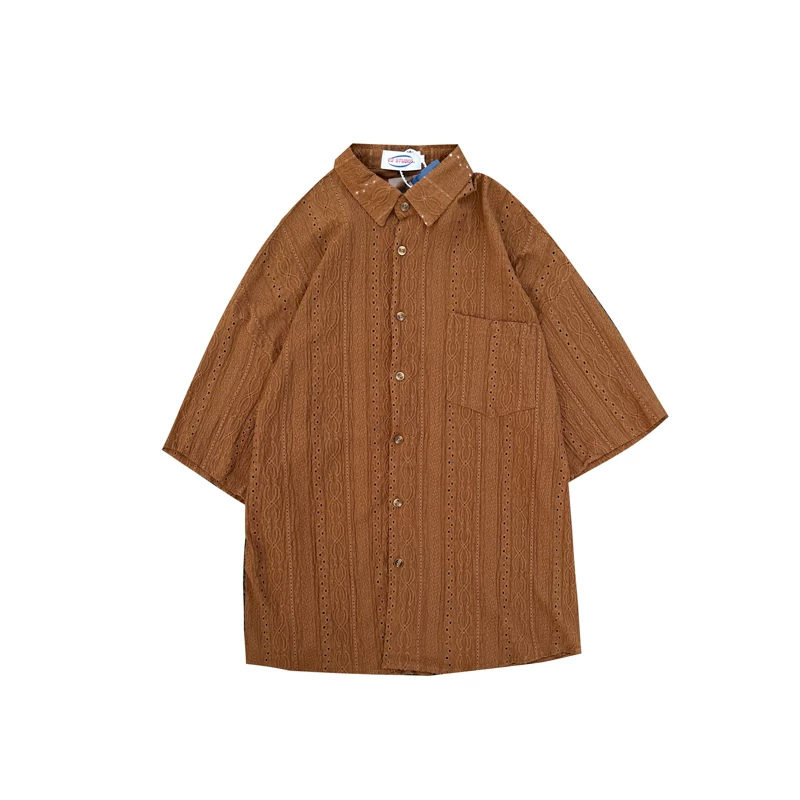 Áo sơ mi ngắn tay khoét lỗ Jacquard dành cho nam, áo kiểu dáng thời trang mùa hè, áo sơ mi dáng rộng phong cách retro Nhật Bản.