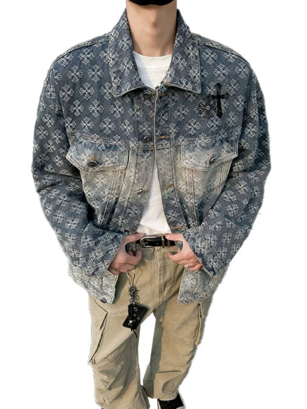 Áo khoác denim thêu Jacquard dành cho nam, phong cách retro Mỹ thời thượng mùa xuân thu, áo khoác công sở rộng rãi, thoáng mát.