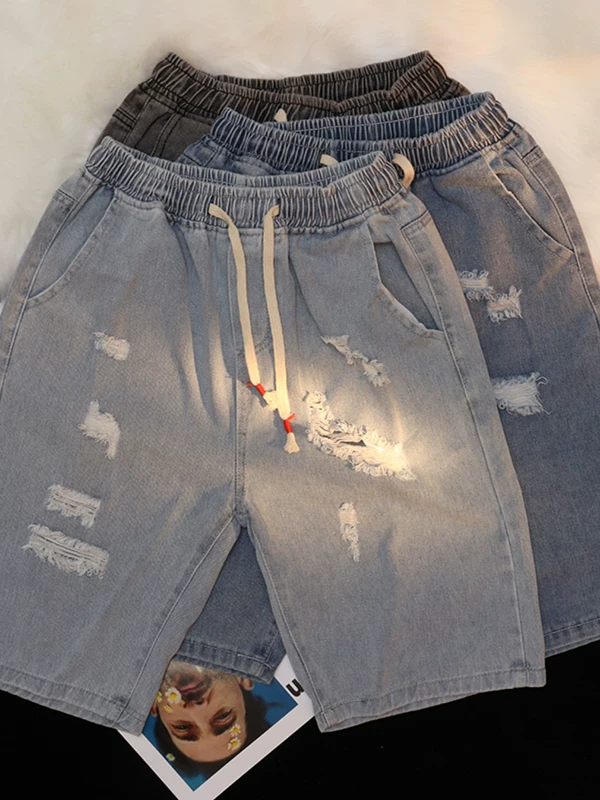 Quần short denim lưng thun co giãn mùa hè hợp thời trang thương hiệu hot trend quần dài vừa phải rách thẳng nam phong cách Nhật Bản quần lửng dáng rộng thường ngày