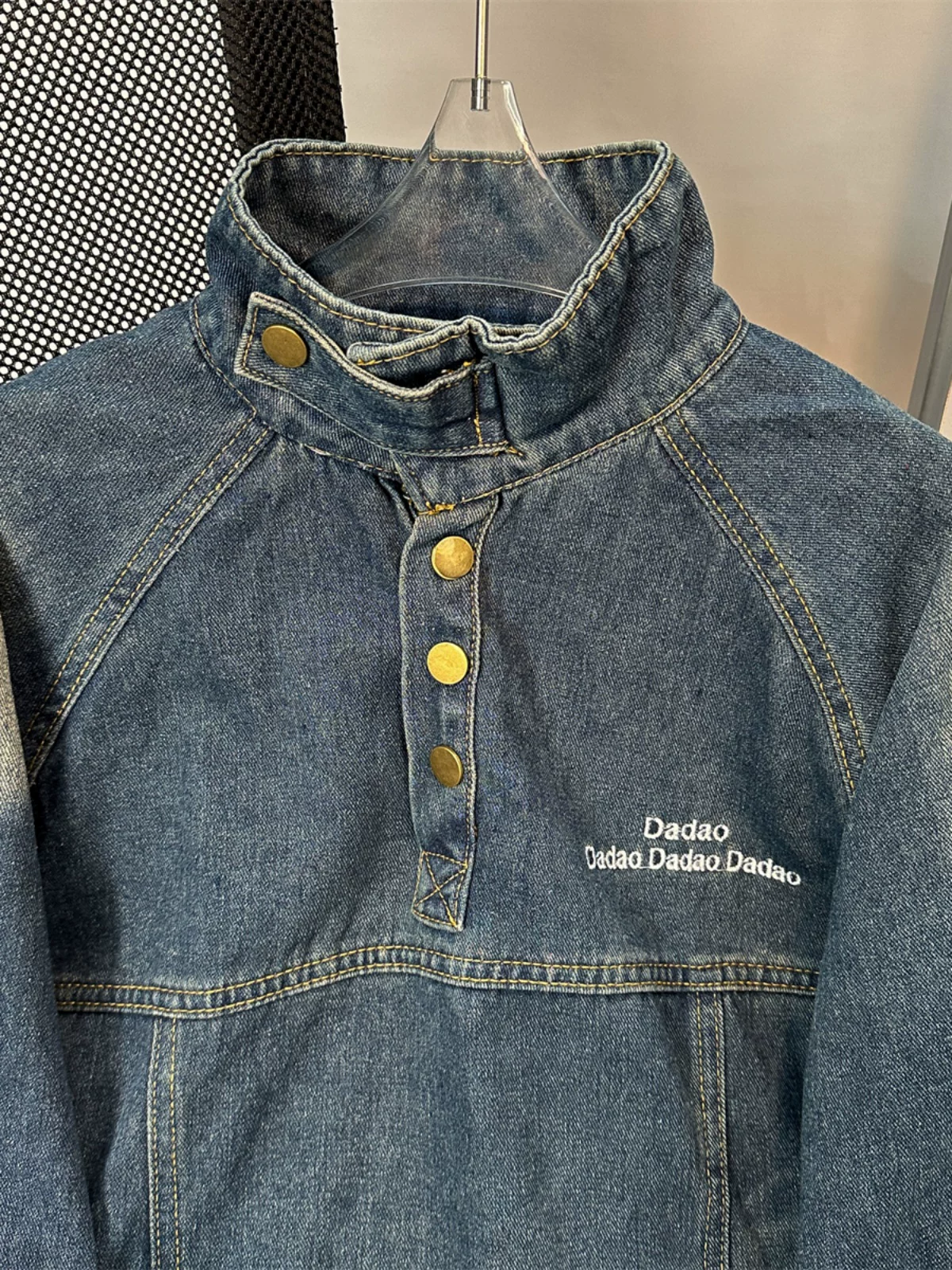 Áo khoác denim thời thượng dành cho nam, mùa xuân thu, phong cách retro Mỹ, chất liệu dày dặn, dáng rộng, áo khoác kiểu vintage cổ đứng.