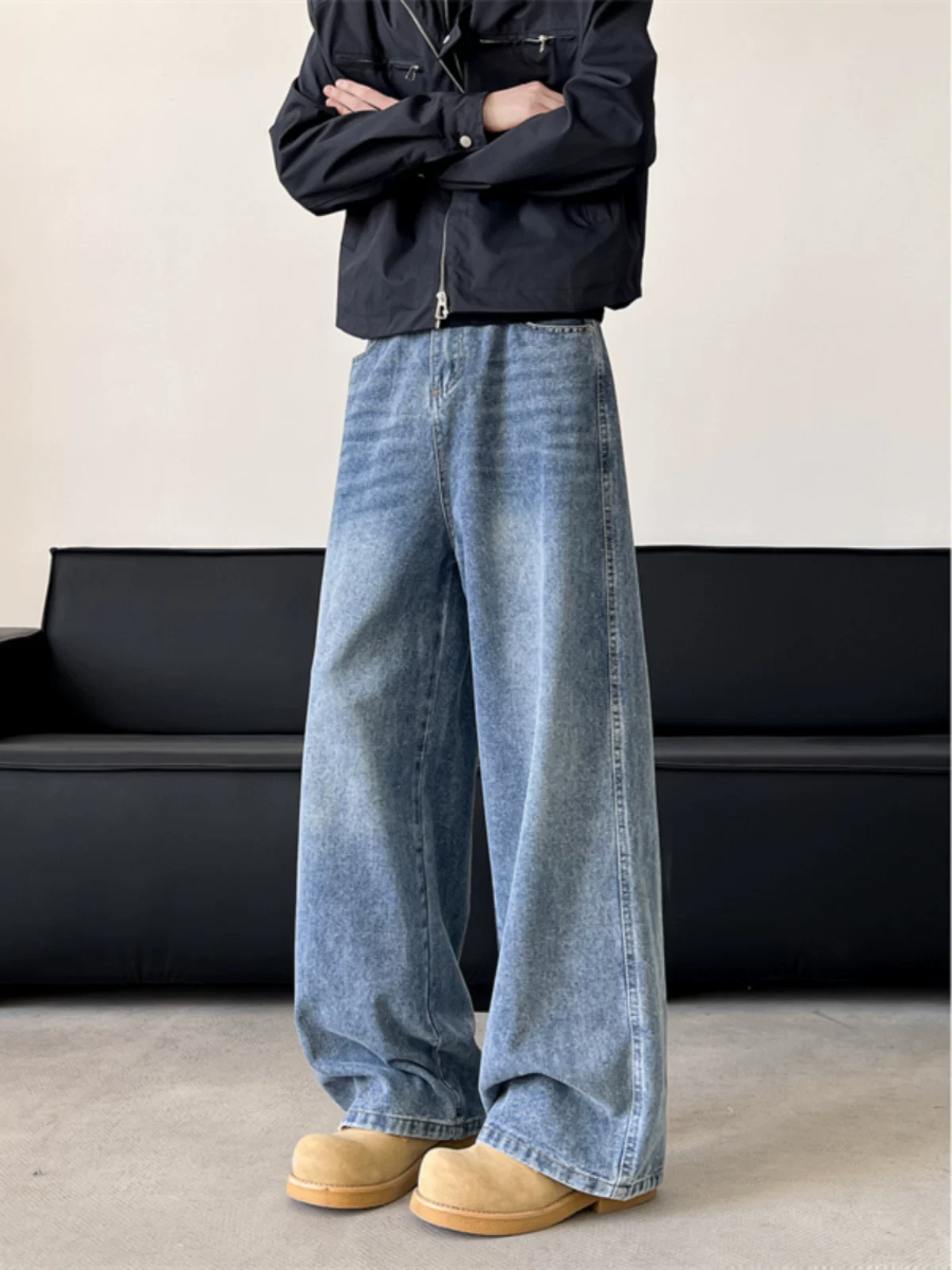 Quần jeans nam vintage đã qua xử lý, dành cho mùa thu đông, phong cách retro Mỹ, thương hiệu thời thượng, quần dài ống rộng thoải mái.