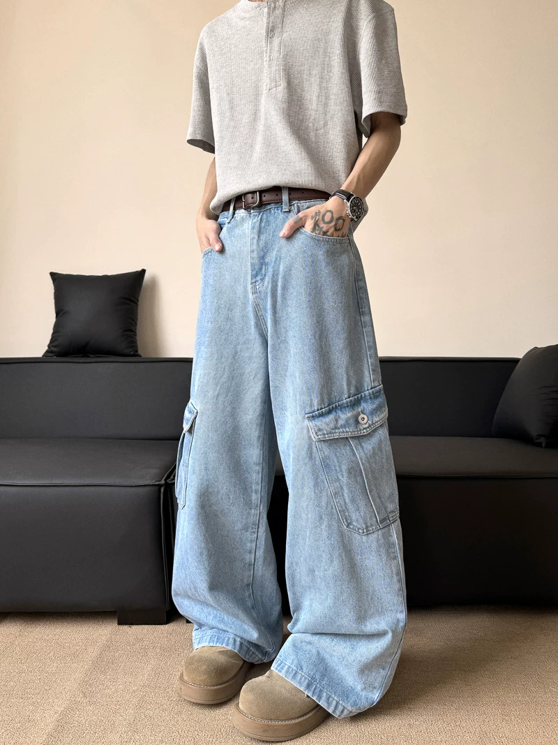 Quần jean ống rộng mỏng mùa hè dành cho nam, có túi lớn, quần công sở ống rộng, quần dài chạm sàn phong cách Mỹ thời thượng dành cho cặp đôi.