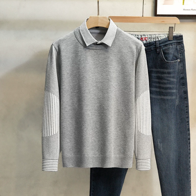 Áo len cổ sơ mi phong cách trưởng thành nhẹ nhàng dành cho nam, thời trang thu đông mới của Nhật Bản, áo len giả hai mảnh, áo khoác len dệt kim lớp trong.
