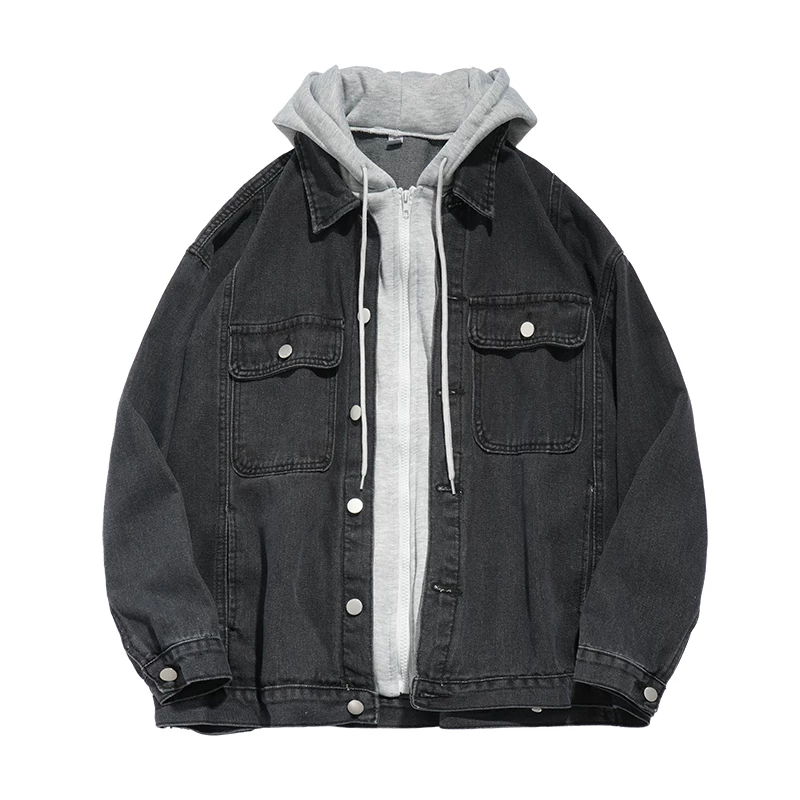Áo khoác denim giả hai mảnh phong cách Hồng Kông, áo khoác nam sinh viên đa năng, áo khoác có mũ trùm đầu dáng rộng hợp thời trang mùa xuân thu