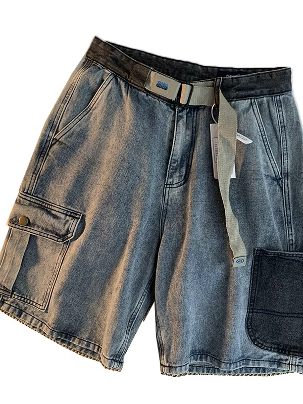 Quần short denim vintage đã qua giặt cho nam, thương hiệu thời trang mùa hè, quần cargo nhiều túi, quần short lửng kiểu Mỹ rộng rãi, thoải mái.