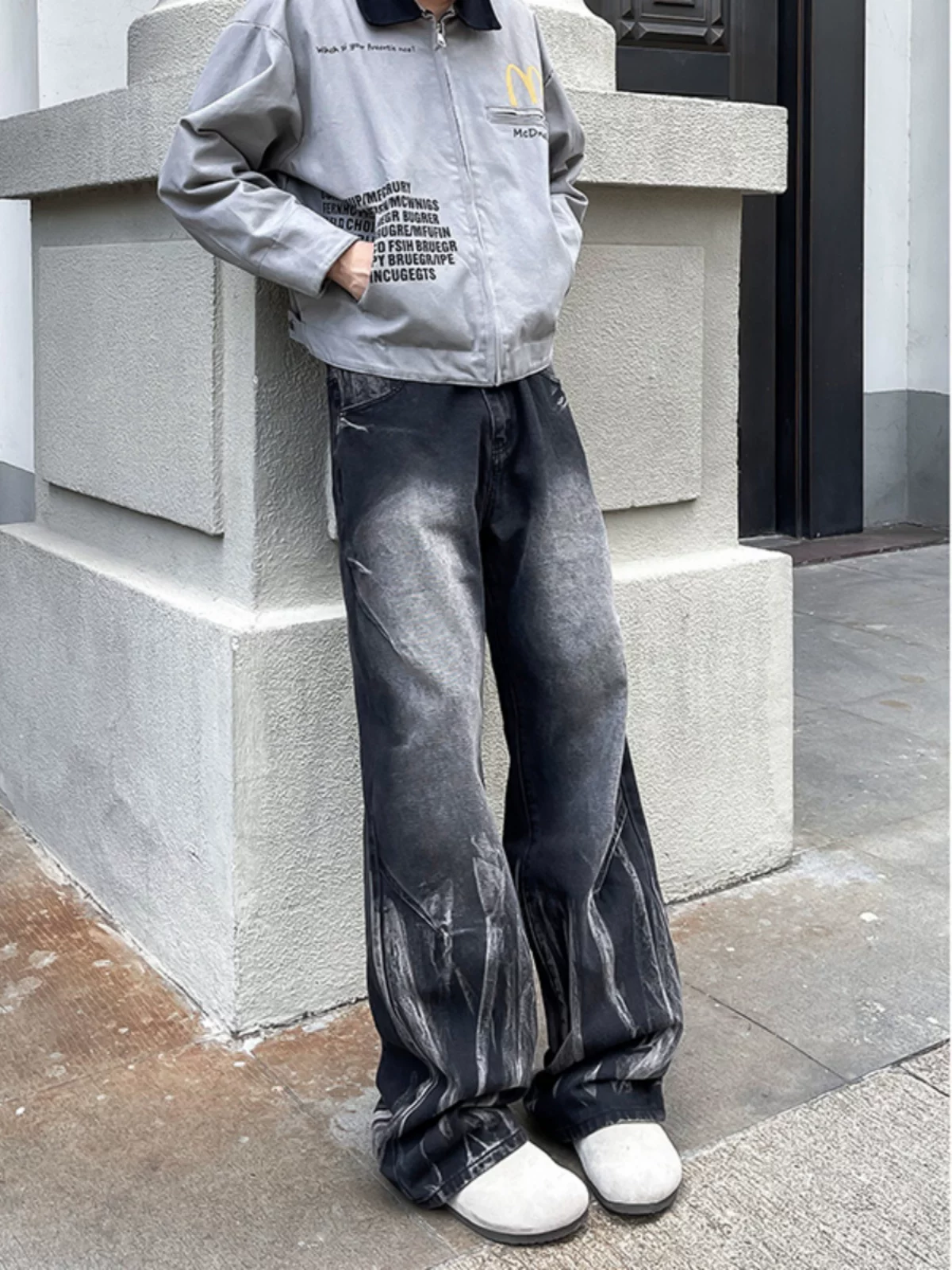 Quần jeans tie-dye retro Mỹ dành cho nam, mẫu mới xuân thu 2024, quần ống rộng dáng suông, chất liệu washed, thương hiệu thời trang.