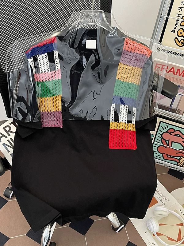 Áo thun nam tay ngắn phối màu len cầu vồng, áo thun cotton dày dặn mùa hè, áo thun cặp đôi thời trang dáng rộng thương hiệu nổi tiếng.