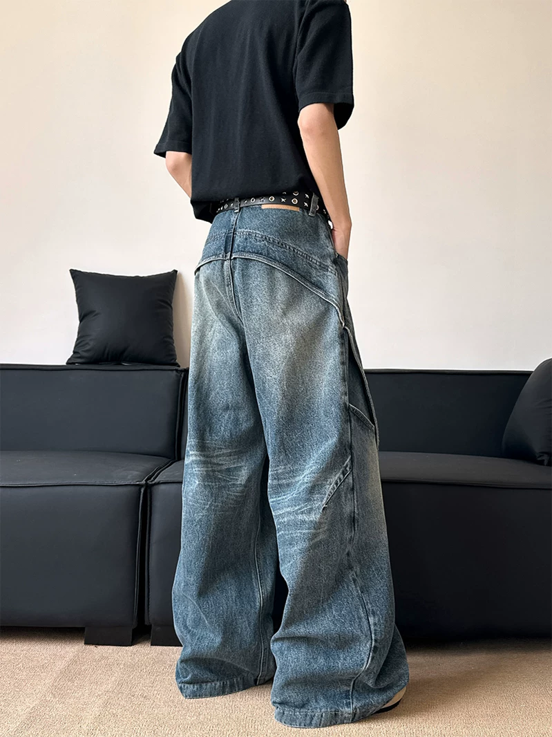 Quần jean nam kiểu dáng thiết kế thời trang, quần ống đứng phối vải phong cách Mỹ, quần ống rộng retro phong cách đường phố.