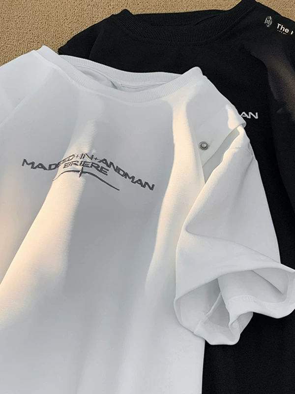 Áo thun ngắn tay hạng nặng dành cho nam, phong cách đường phố Mỹ, cá tính và sành điệu, áo thun nửa tay bằng vải lụa băng, màu trơn mùa hè, áo đôi giả hai mảnh.