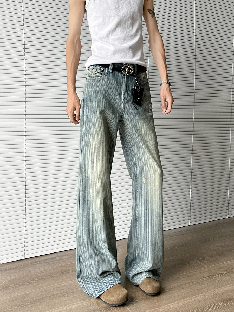 Quần jeans rách họa tiết tre dành cho nam, phong cách mùa hè thời thượng, quần ống rộng dáng thẳng, quần dài kiểu Mỹ cổ điển, rách cá tính.