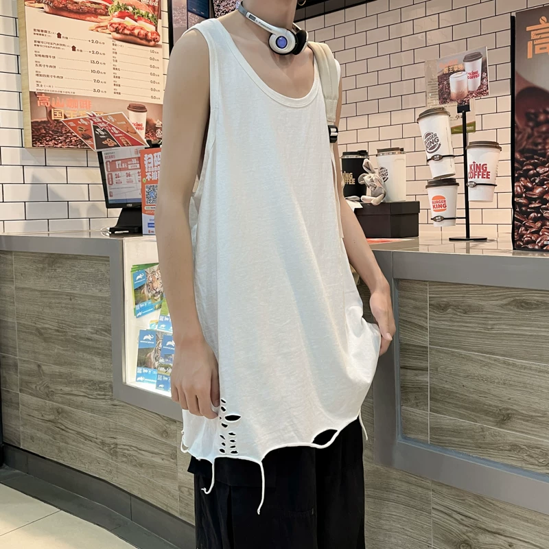Áo ba lỗ rách phong cách đường phố cao cấp dành cho nam, áo vest mỏng rộng rãi mùa hè, áo thun không tay đa năng hợp thời trang dành cho thanh thiếu niên.
