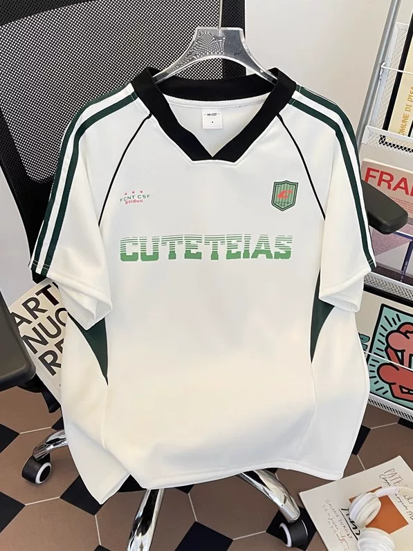 Áo thun ngắn tay cổ chữ V sọc màu, unisex, hợp thời trang, thể thao, chất liệu jersey kiểu Mỹ, chất liệu lụa đá mát lạnh, áo đôi.