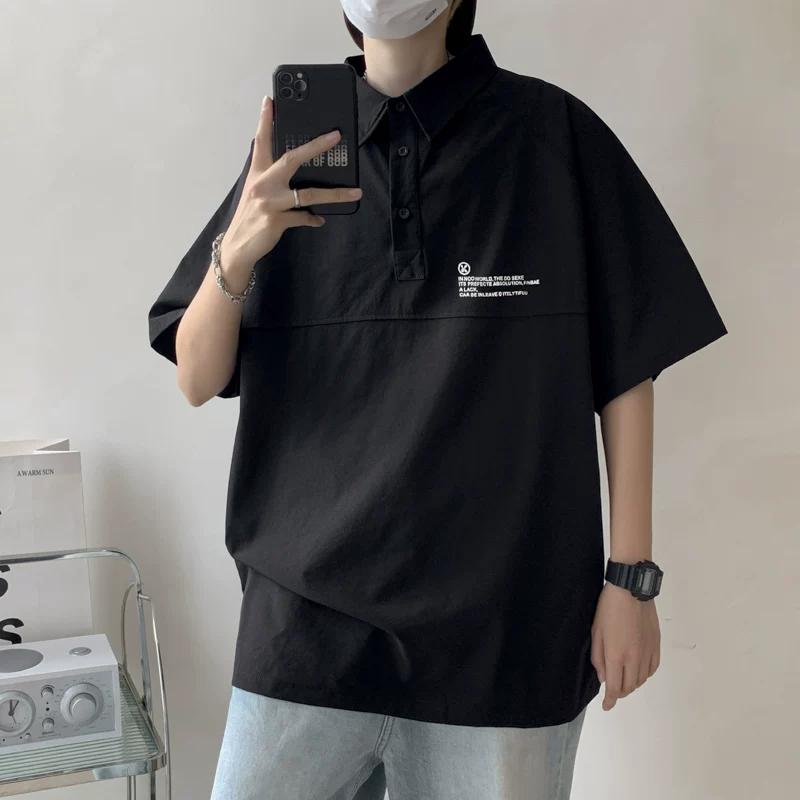 Áo thun ngắn tay phong cách retro Mỹ dành cho nam, áo polo công sở dáng rộng hợp thời trang mùa hè, áo thun tay lửng cá tính, thoải mái.