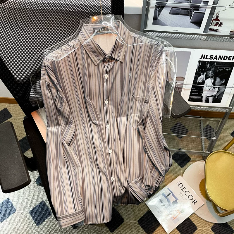 Áo sơ mi nam sọc dọc tay dài, phong cách Hồng Kông retro, áo kiểu Hàn Quốc thời trang xuân thu, dáng rộng lịch lãm.