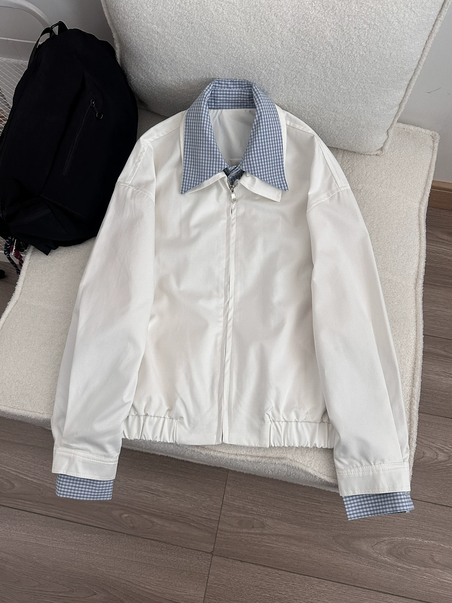 Áo khoác giả hai mảnh phong cách retro Mỹ dành cho nam và nữ, áo kiểu cặp đôi phối họa tiết kẻ sọc mùa xuân, áo khoác công sở dáng rộng thương hiệu thời thượng.