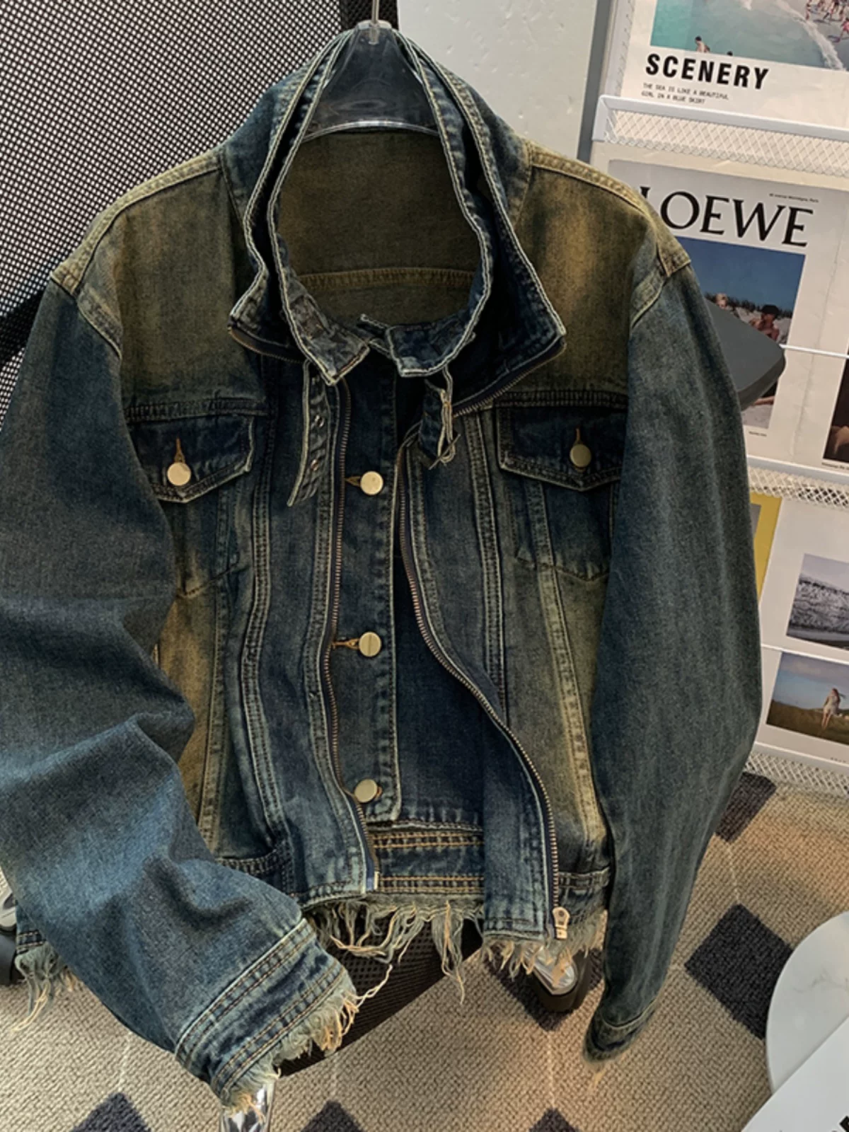 Áo khoác denim giả hai mảnh phong cách Mỹ dành cho nam, dáng rộng, cổ đứng, kiểu dáng cổ điển, áo khoác thường ngày hợp thời trang mùa xuân thu.