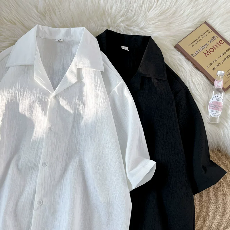 Áo sơ mi lụa xếp ly nam tay ngắn kiểu Nhật dáng rộng cổ Cuba thiết kế hợp thời trang mùa hè mát mẻ