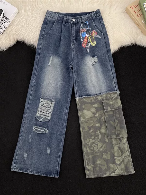 Quần jean rách phối họa tiết ngụy trang dành cho nam, quần ống đứng in họa tiết thời trang xuân thu, quần cargo ống rộng phong cách Mỹ cá tính.