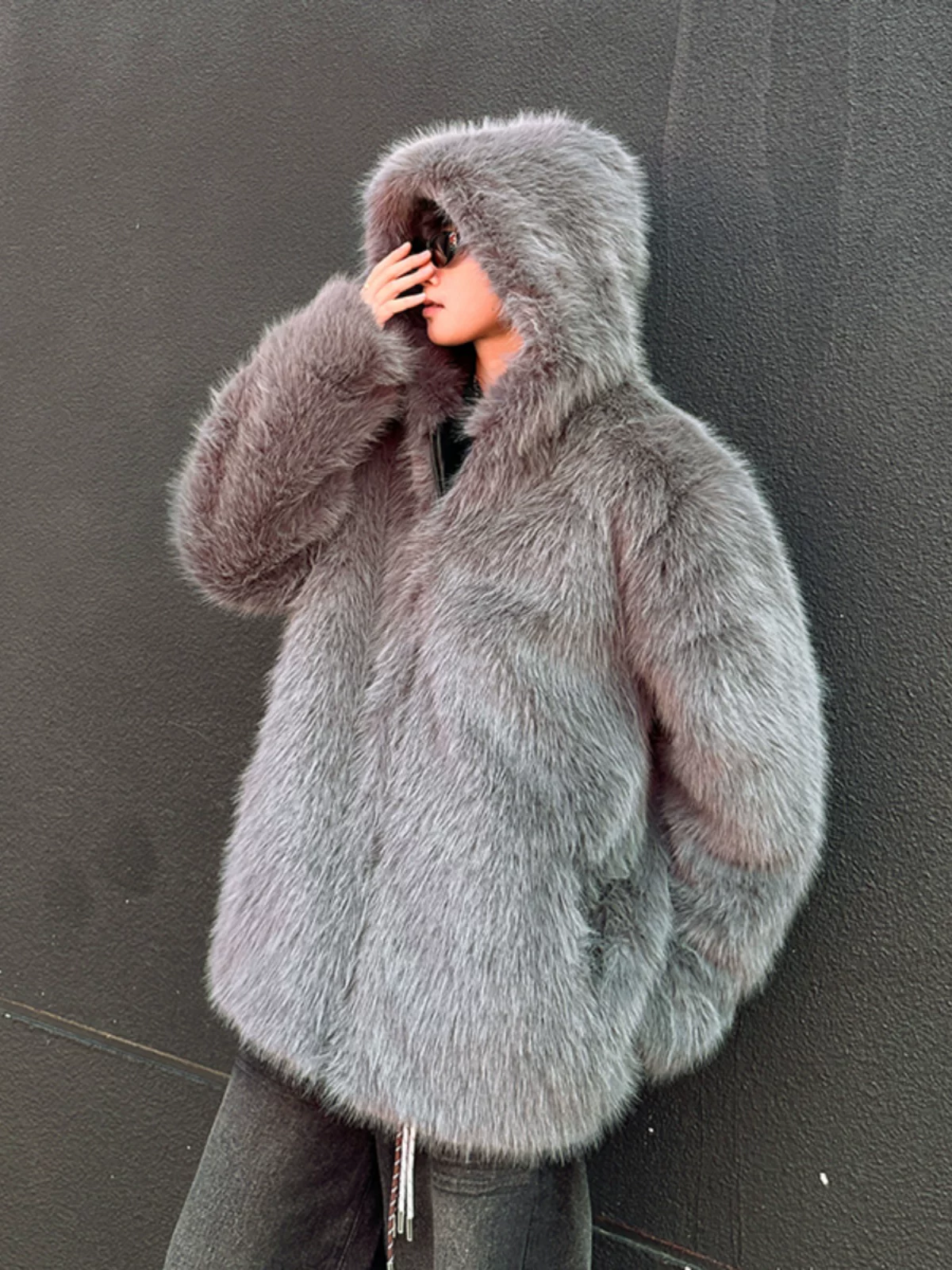 Áo khoác bông lông cáo nhân tạo kiểu mới 2024 dành cho nam, áo khoác bông giữ ấm chống lạnh mùa đông, áo khoác bông có mũ rộng rãi.