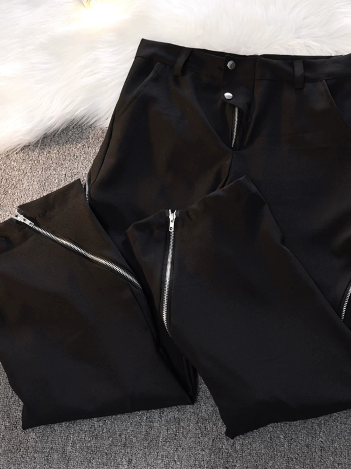 Quần thiết kế khóa kéo dành cho nam, quần dài ống loe phong cách đường phố thời thượng mùa xuân thu, quần âu dáng rộng thoải mái.