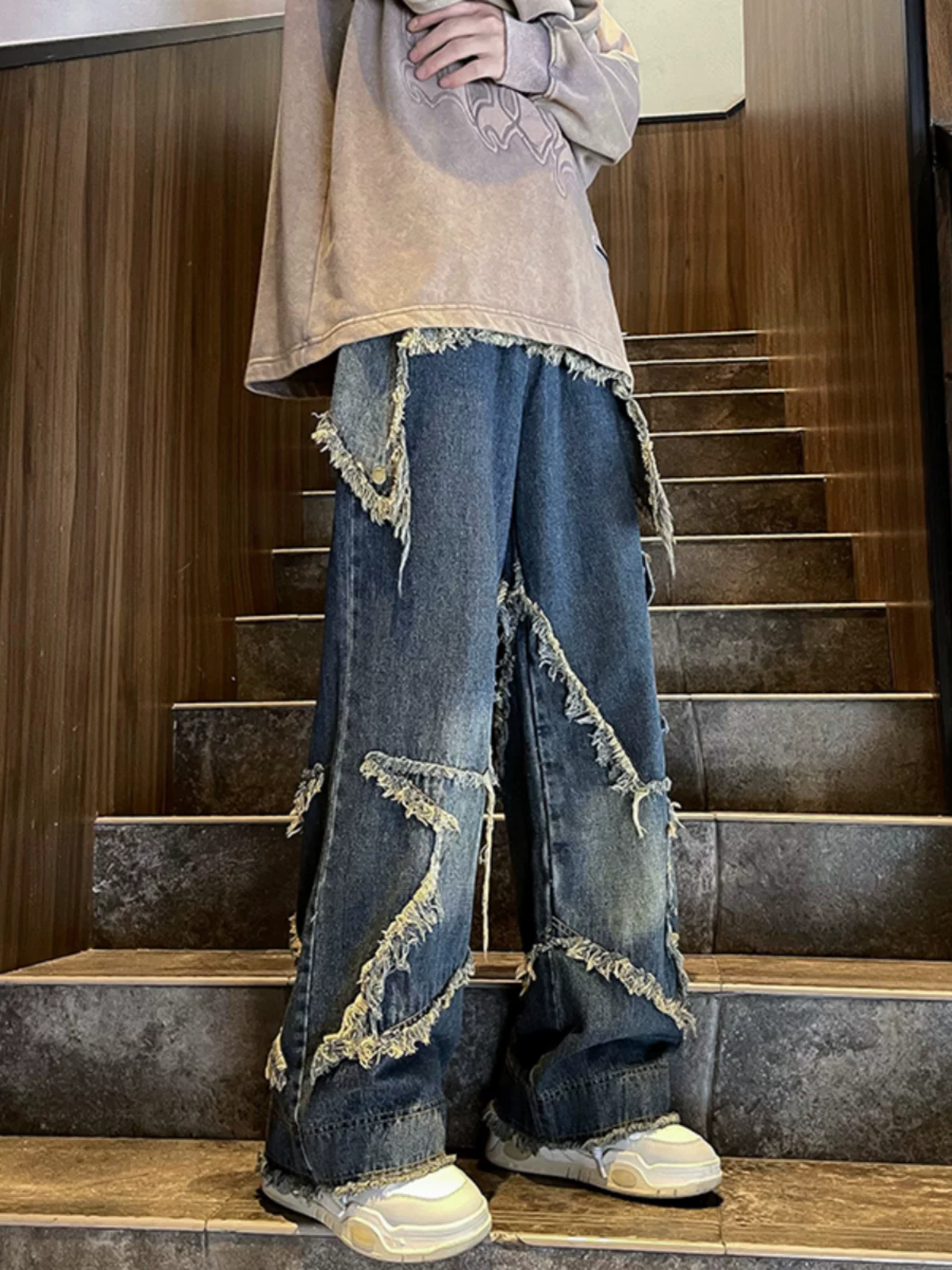 Quần jean thiết kế hình ngôi sao dành cho nam, quần hip-hop phong cách đường phố Mỹ, quần dài ống rộng dáng rộng hợp thời trang mùa xuân thu.