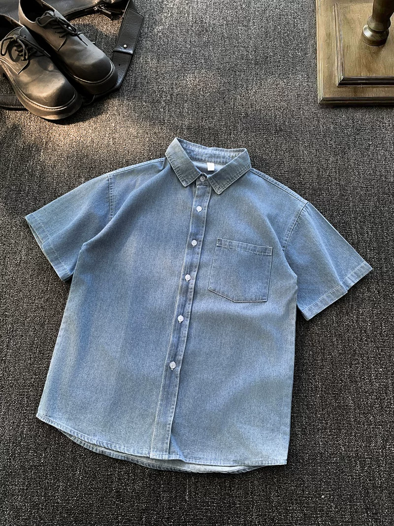 Áo sơ mi denim ngắn tay phong cách retro của Mỹ dành cho nam, áo công sở dáng rộng thoải mái mùa hè, áo khoác sơ mi thương hiệu thời thượng sành điệu