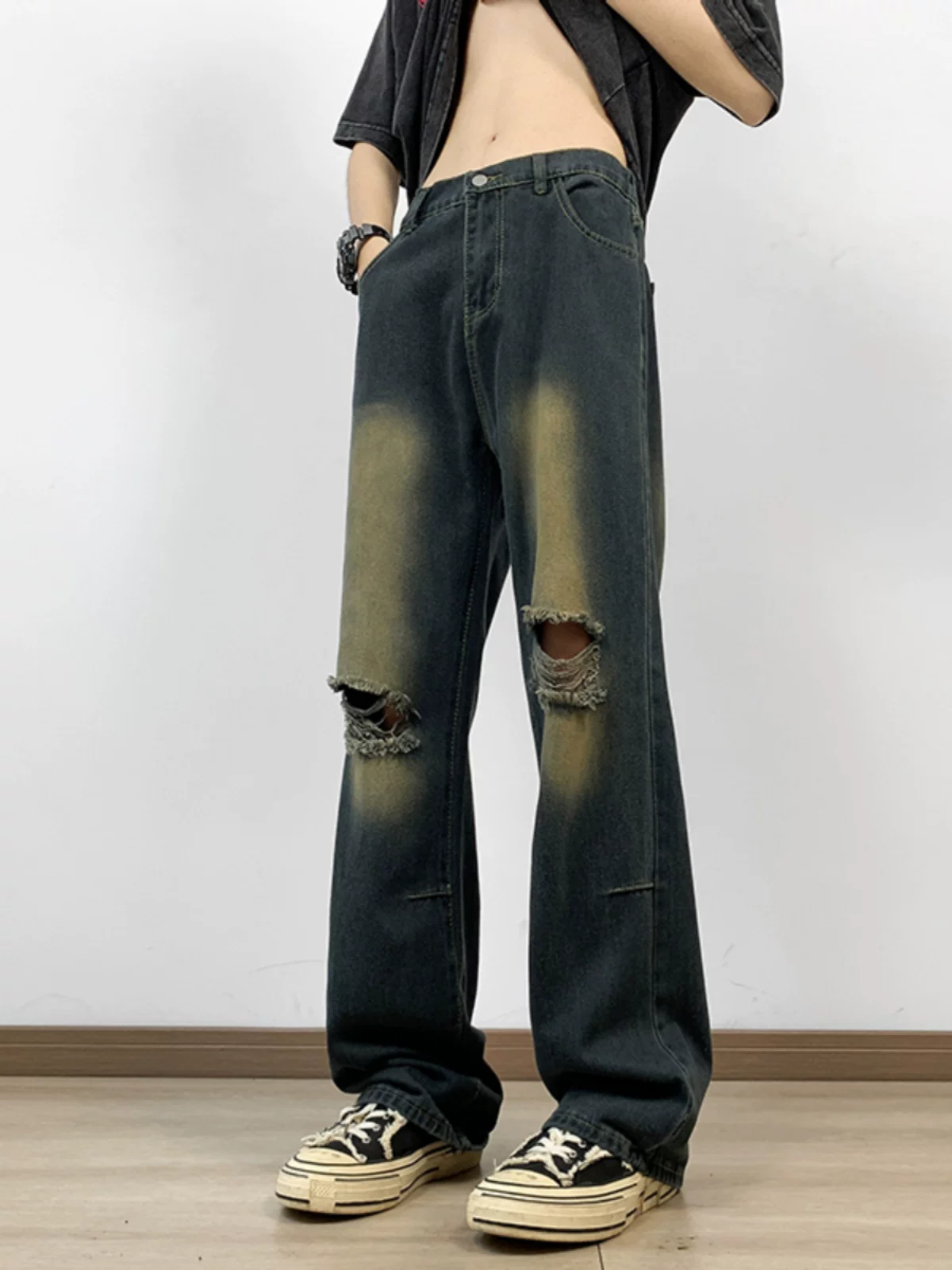 Quần jeans nam phong cách retro Mỹ, quần rách thời thượng, quần dài ống rộng suông mỏng mùa hè.