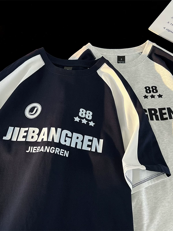 Áo thun ngắn tay kiểu Mỹ retro, thời trang, phối màu, tay raglan, mùa hè, dáng rộng, áo đôi nam nữ.