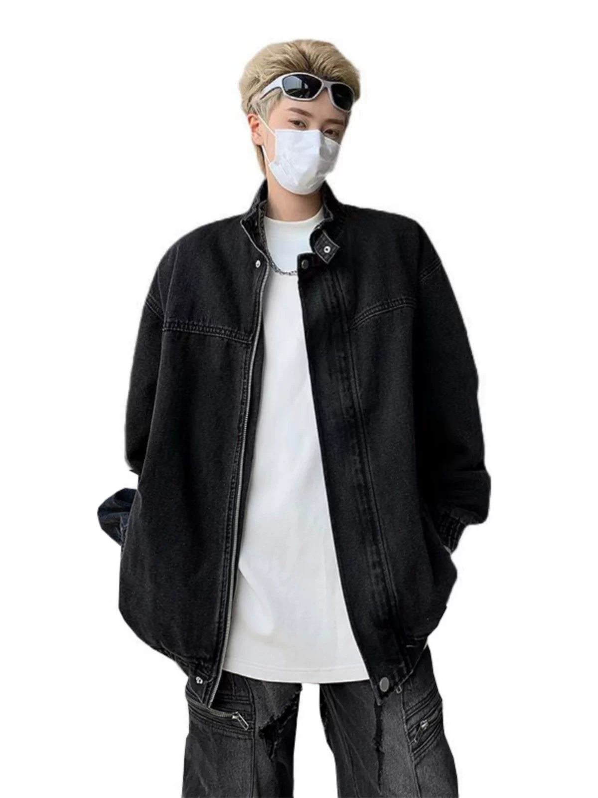 Áo khoác denim cổ điển Mỹ dành cho nam, dáng rộng, cổ đứng, kiểu giặt mài, áo khoác thời trang mùa xuân thu.